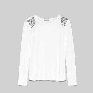 Zara - Bejeweled Padded Shoulders T-Shirt